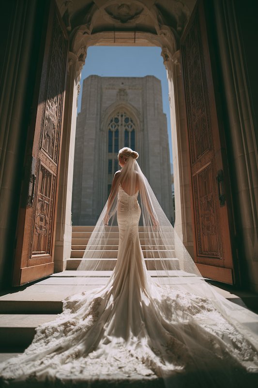 Cathedral Veil A bride in a fitted wedding gown with a long cathedral veil, standing at the grand entrance of a church, the veil flowing dramatically down the stairs as sunlight illuminates her silhouette