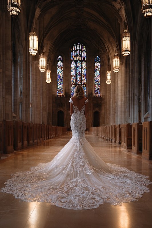 Cathedral train mermaid wedding dress A bride in a gorgeous mermaid wedding dress with intricate lace detailing and a dramatic train, standing in a grand church with stained glass windows