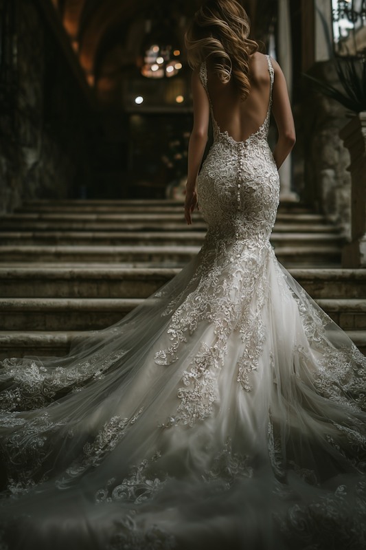 Chapel train mermaid dress A bride in a stunning mermaid wedding dress with intricate lace detailing, spaghetti straps, and a sheer tulle train, walking up a staircase