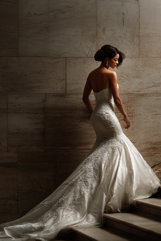 Court train mermaid wedding dress A bride in a strapless mermaid wedding dress with intricate lace details, fitted bodice, and a dramatic sweep train, standing against a stone wall