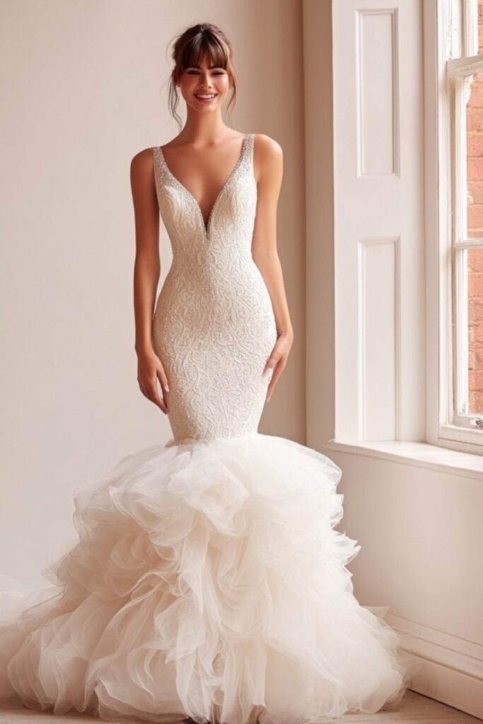 Deep V mermaid wedding dress A bride in a plunging V-neck mermaid wedding dress with lace details and a tulle skirt, offering an elegant and flattering silhouette