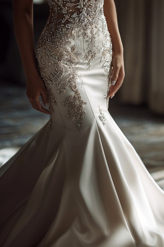Dramatic flare just below knee mermaid tail A close-up of a bridal mermaid wedding dress with intricate beading and delicate embroidery, showcasing a fitted bodice and flared skirt