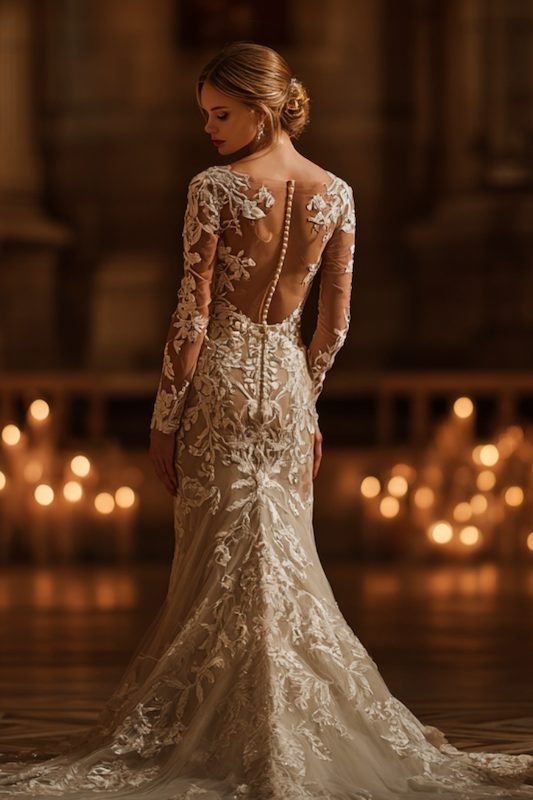 Long sleeves mermaid wedding dress A bride in a long-sleeve mermaid wedding dress with intricate lace details and a stunning open back, creating a romantic and elegant look.