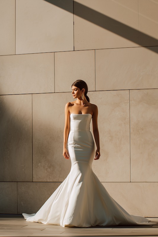 Mermaid Gown Silhouette A bride wearing a strapless mermaid wedding dress, posing gracefully against a neutral background, with a simple and elegant silhouette