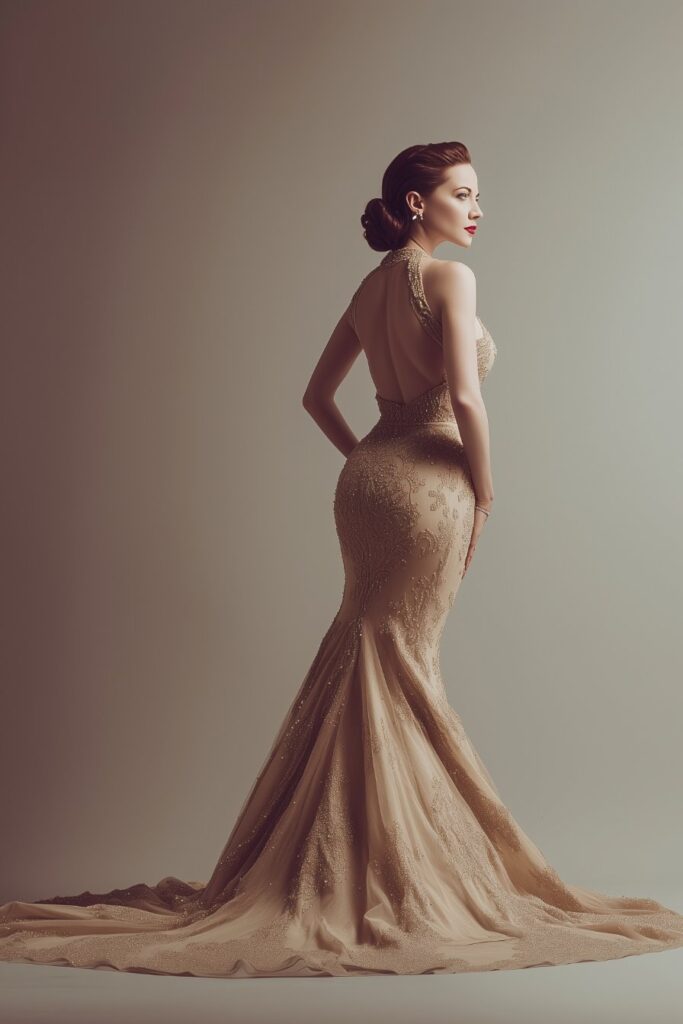 Mermaid Gown's Glamorous History bride wearing a form-fitting mermaid wedding dress with intricate beading and a flared skirt, showcasing her elegant side profile