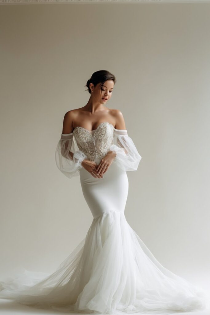 Off-the-shoulder mermaid wedding dress A bride in a mermaid wedding gown with a sweetheart neckline and voluminous tulle sleeves, creating a sophisticated and ethereal look