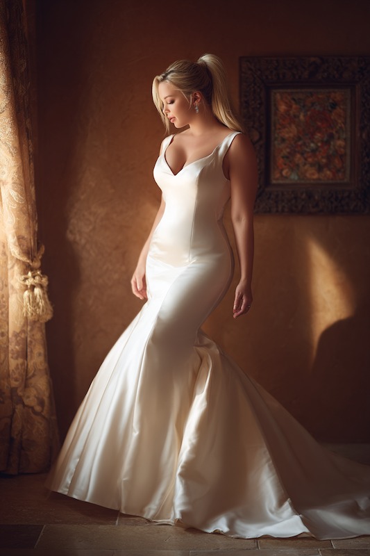 Plus-Size Bride in mermaid wedding dress Plus-size bride in a form-fitting mermaid wedding dress with a dramatic flare, captured in soft lighting with a serene expression, showcasing a timeless and elegant design
