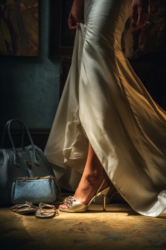 Shoe Strategy for bride in mermaid wedding dress Close-up of bride's feet showing elegant silver heels with intricate floral embellishment, paired with a soft satin wedding dress, and a stylish handbag placed on the floor