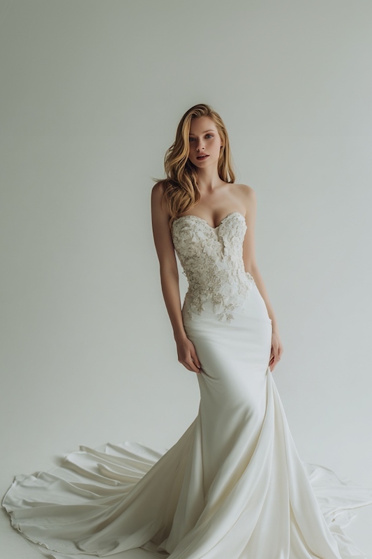 Strapless mermaid gown A bride in a strapless mermaid wedding gown with delicate lace detailing on the bodice, creating an elegant silhouette