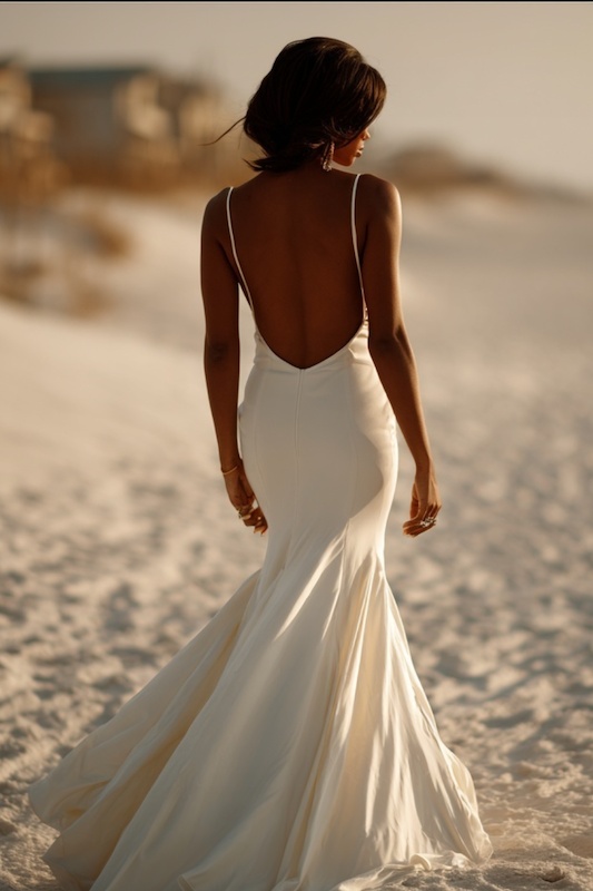 Sweep train mermaid dress A bride in a sleek mermaid wedding dress with delicate straps and a dramatic low back, walking along a beach at sunset with a soft, natural light