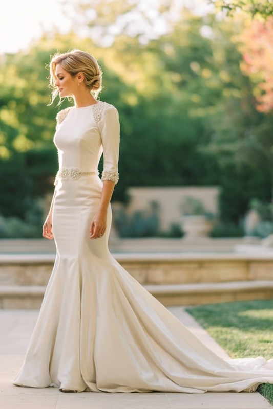 Three-quarter sleeves mermaid wedding dress A bride in a three-quarter sleeve mermaid wedding dress with lace detailing and a delicate beaded waist, showcasing a sleek and sophisticated silhouette