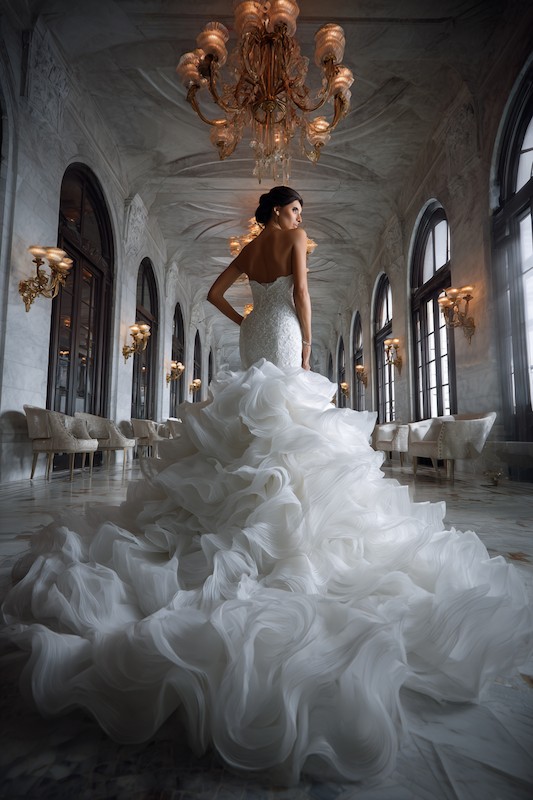 Tulle and Organza mermaid wedding dress A bride in an exquisite strapless mermaid wedding dress with intricate ruffles cascading down the train, set against an opulent ballroom with grand chandeliers