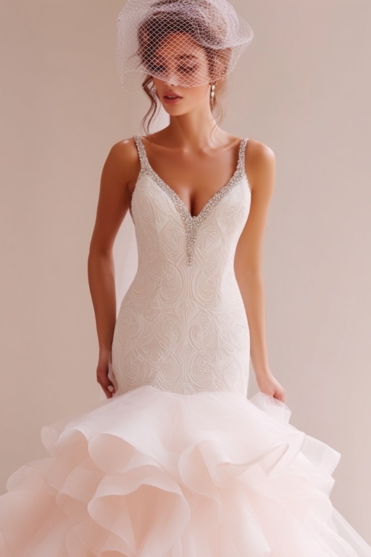 bride in a mermaid wedding dress with a birdcage veil A bride wearing a chic, form-fitting wedding dress with intricate beading along the neckline and a delicate birdcage veil, exuding a vintage-inspired charm