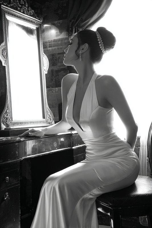 bride in mermaid wedding dress wiht a Classic chignon updo A bride wearing a sleek, modern mermaid wedding dress with a deep V-neckline, paired with a vintage-inspired headband, seated gracefully in front of an antique mirror
