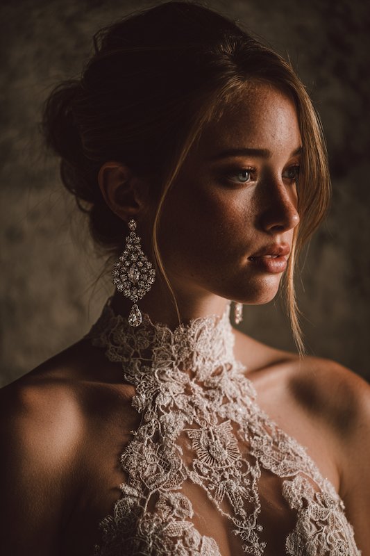 bride wearing chandelier earrings with high neckline mermaid wedding dress bride wearing chandelier earrings with high neckline mermaid wedding dress
