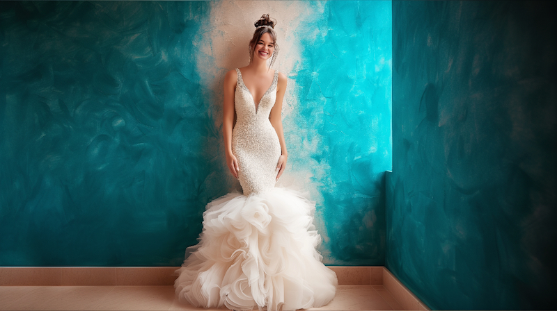 Your Ultimate Mermaid Wedding Dress Guide 19 A bride in a sleek, fitted mermaid wedding dress with a dramatic ruffled train, standing against a vibrant turquoise wall