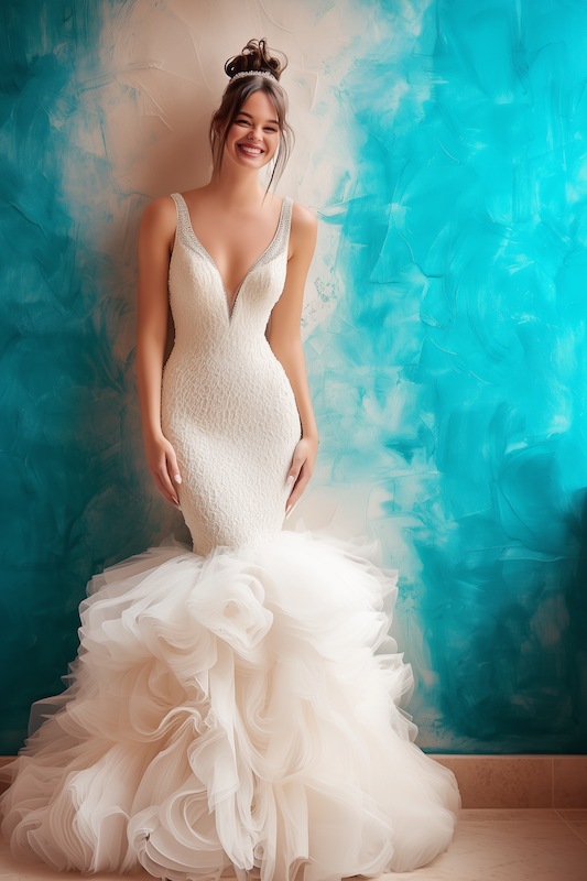 bride wearing mermaid wedding dress Bridal portrait of a smiling bride in a stunning mermaid wedding dress with a deep V-neckline and intricate details, featuring a voluminous ruffled train, against a vibrant blue wall