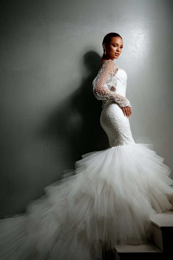 detachable sleeves mermaid wedding dress A bride in a long-sleeve mermaid wedding dress with a tulle skirt and intricate beaded details, showcasing a dramatic silhouette and modern elegance