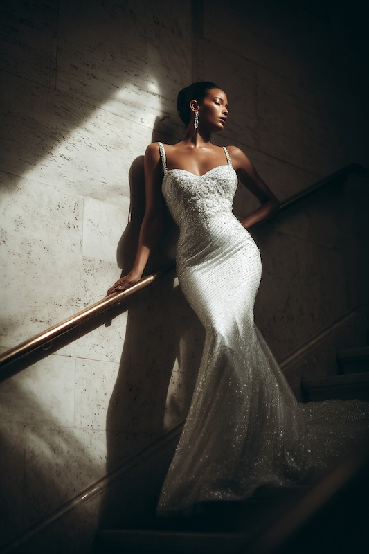 hour glass figur bride in mermaid wedding dress Bride in a sparkling mermaid wedding dress, elegantly posed on a staircase with a glamorous, dramatic look, featuring intricate beading and a fitted silhouette