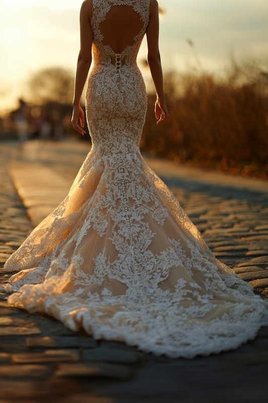 mermaid wedding dress train drama A bride in a mermaid wedding dress featuring intricate lace detailing and a dramatic sheer back, highlighted by a flowing train and warm sunset lighting