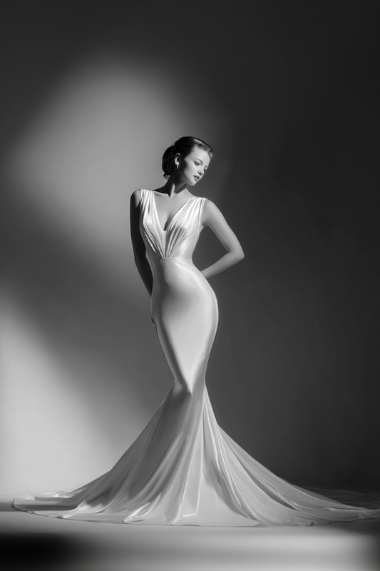 merrmaid silhouette to haute couture bride in a sleek, form-fitting mermaid wedding dress with a deep V-neckline, capturing her elegant pose in black and white