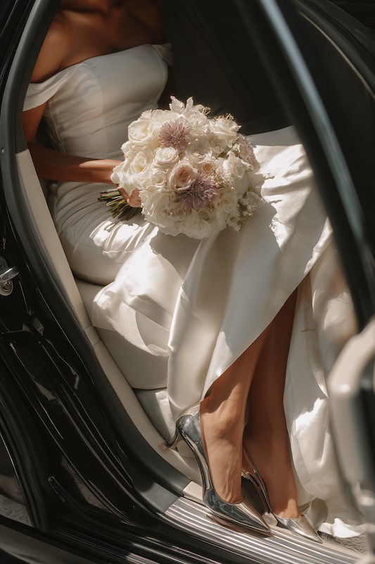 moving around in a mermaid wedding dress Bridal close-up showing a bride in a sleek, strapless satin wedding dress, seated in a car, holding a bouquet of white roses and soft pastel florals, with soft lighting highlighting the elegant details
