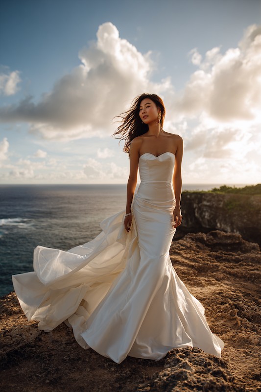 silk mermaid wedding dress A bride in a sleek satin mermaid wedding dress with a strapless sweetheart neckline, standing on a rocky coastline, with the ocean and dramatic clouds in the background