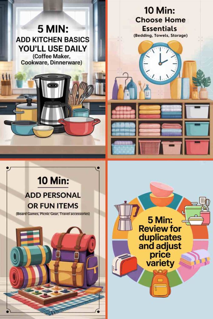 collage of 5 and 10 minute home essentials checklist: kitchen basics, bedding, towels, storage, and fun items
