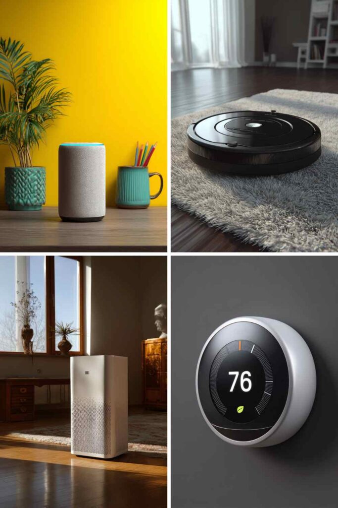 Smart home devices including a voice assistant, robot vacuum, air purifier, and thermostat, showcasing modern wedding registry tech gifts.