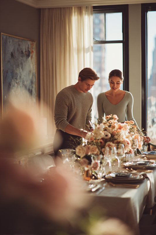 Couple setting an elegant dinner table with pastel flowers, candles, and fine glassware in a softly lit modern dining room.