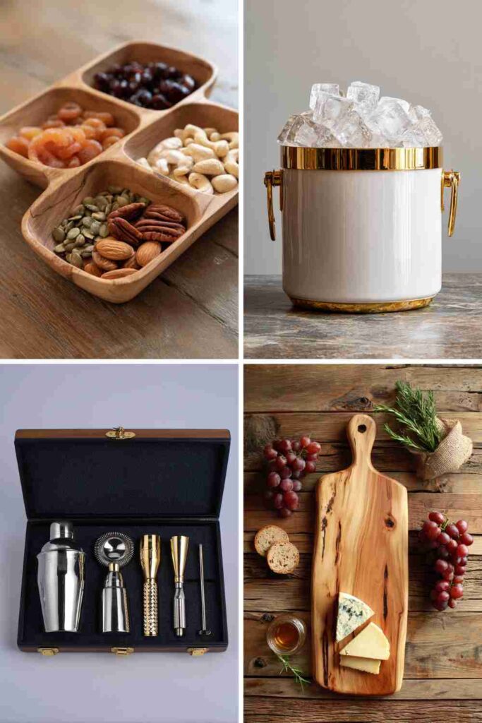 Modern entertaining essentials featuring a wooden nut tray, gold-trimmed ice bucket, black wine box, and rustic olive wood board.