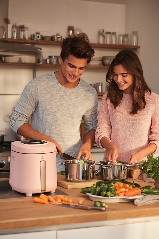 Smiling couple cooking together in a cozy kitchen with stainless steel pots, fresh vegetables, and a blush pink air fryer on the counter