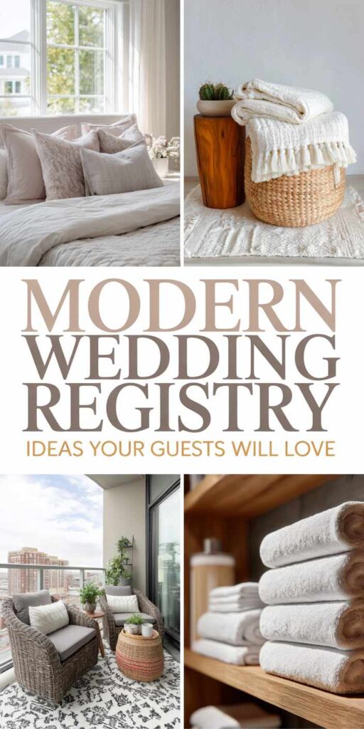 Collage featuring cozy bedding, woven baskets, folded towels, and outdoor decor with the text “Modern Wedding Registry Ideas