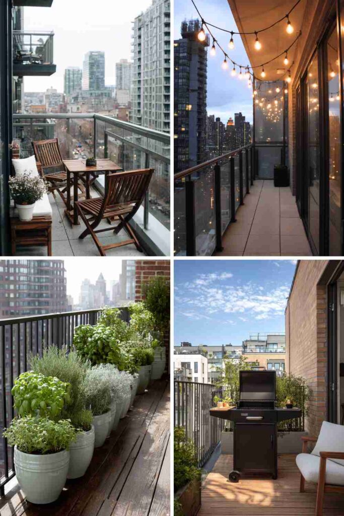 a collage of Urban balcony setups featuring patio furniture, herb planters, string lights, and a compact grill, perfect for small-space outdoor living