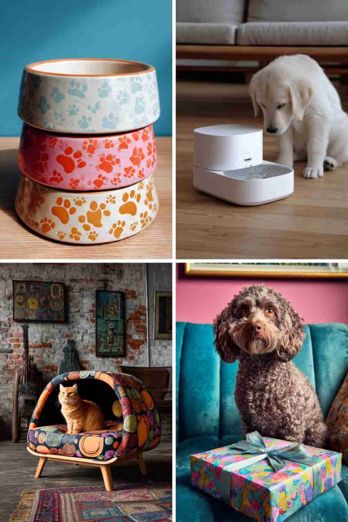 Collage of stylish pet registry items including colorful paw-print bowls, smart water fountain, modern pet beds, and cozy dog setup