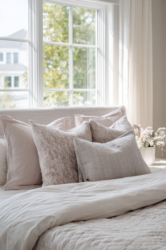 Soft neutral bedroom with layered linen bedding, textured pillows, and sunlight streaming through large windows onto a cozy bed.