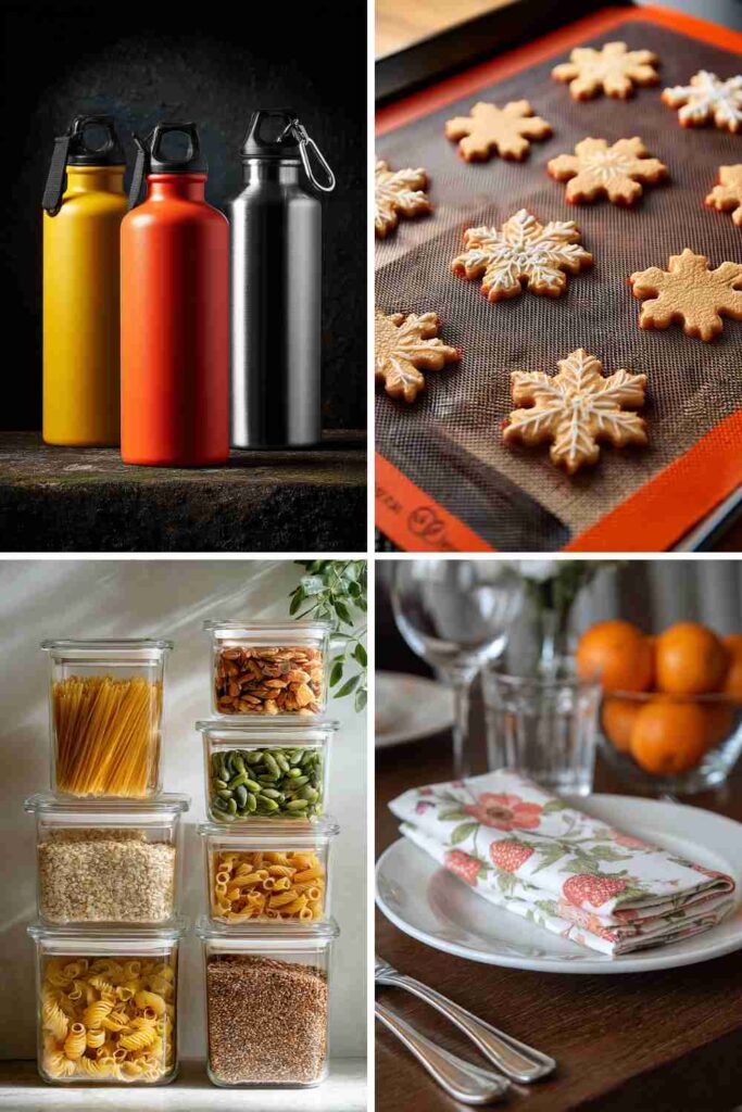Collage of sustainable wedding registry items including reusable water bottles, silicone baking mats, glass storage jars, and floral napkins.