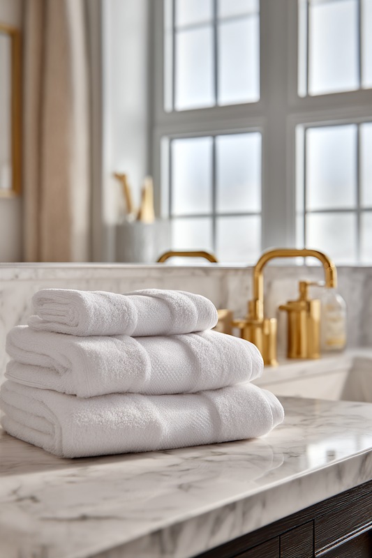 Stack of white luxury towels on a marble bathroom counter with gold faucet and soap dispensers, creating a spa-like setting