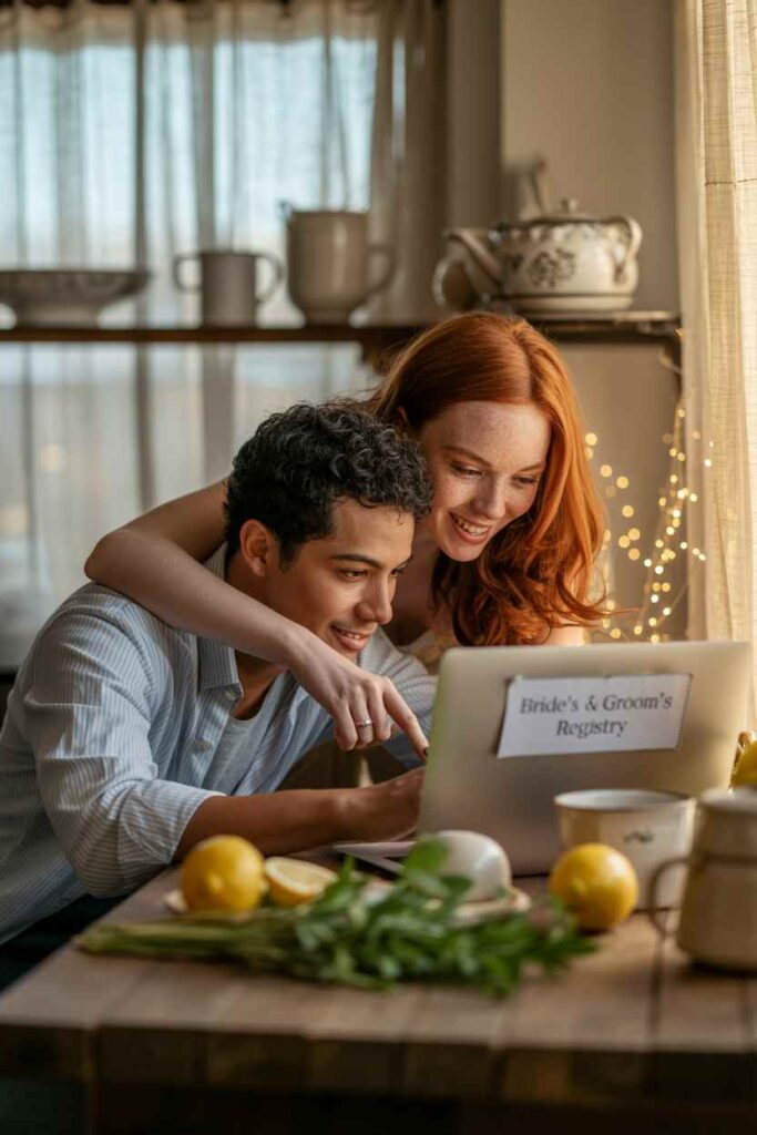 Engaged couple smiling as they browse their wedding registry on a laptop, surrounded by coffee cups, lemons, and herbs on a kitchen table.