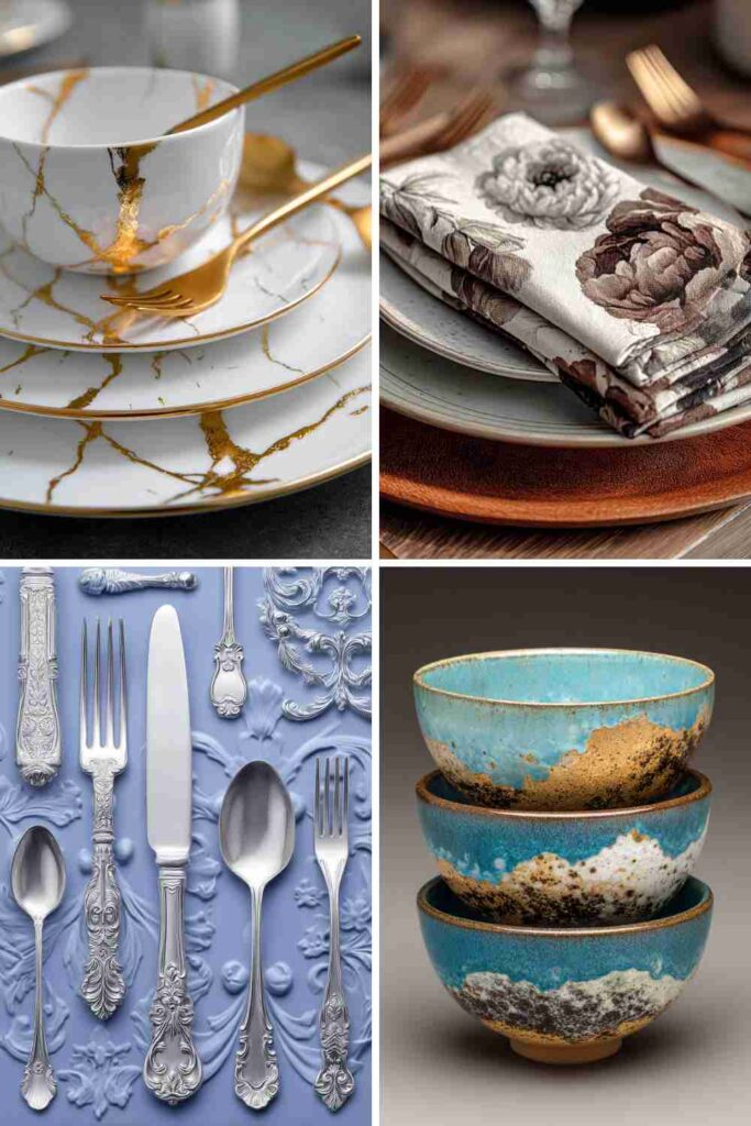 Elegant wedding registry tableware collage featuring marble-gold plates, floral napkins, vintage silver cutlery, and turquoise ceramic bowls.