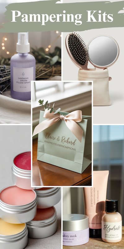 Wedding Welcome Bag Pampering Kits Pampering wedding welcome bag with personalized ribboned gift bag, lavender pillow spray, compact brush and mirror, lip balm tins, and skincare
