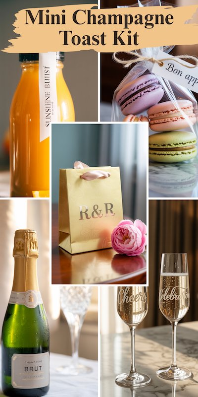Wedding Welcome Bags Champagne Toast Kit Champagne toast wedding welcome bag with mini bubbly, juice mixer, pastel macarons, gold favor bag with initials and flutes
