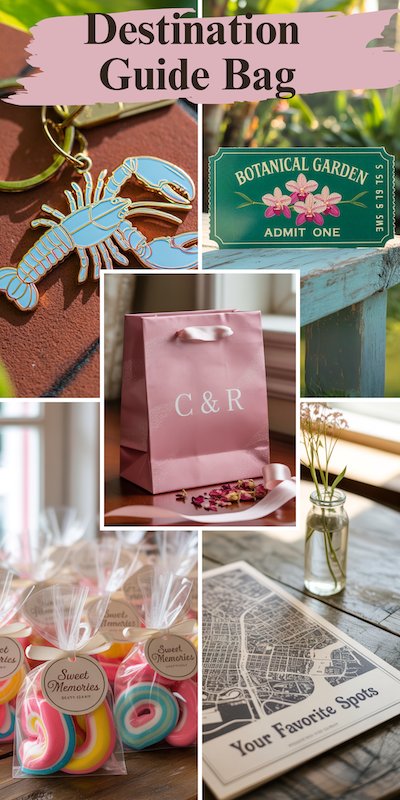 Wedding Welcome Bags Destination Guide Bag Destination guide wedding welcome bag with pink monogram bag lobster keychain garden ticket wrapped candies map and bud vase for guests