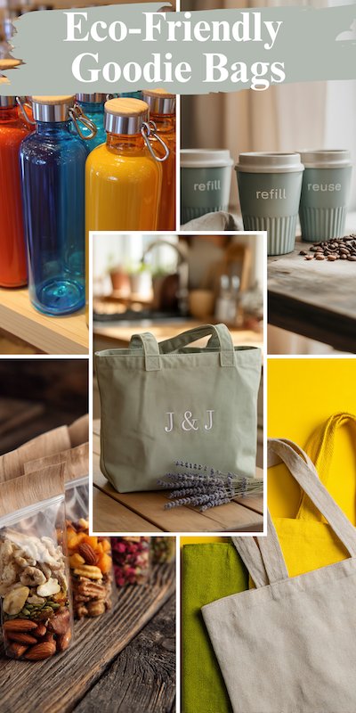 Wedding Welcome Bags Eco-Friendly Goodie Bags Eco friendly wedding welcome bag with monogram canvas tote, reusable water bottles, refill cups, lavender sprigs, and packaged trail mix snacks