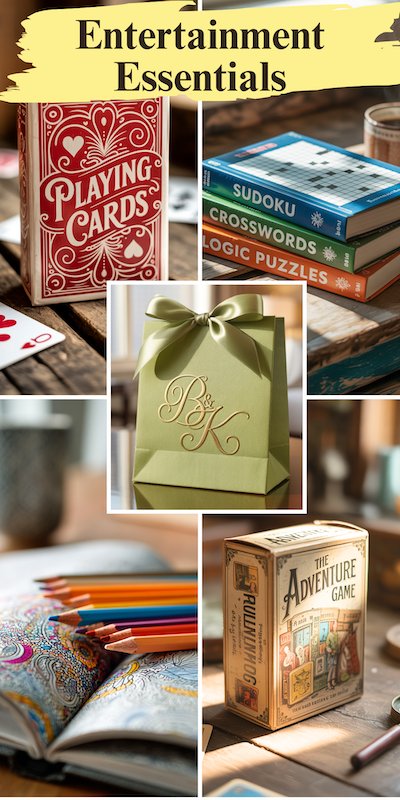Wedding Welcome Bags Entertainment Essentials Wedding welcome bag entertainment kit with playing cards puzzle and crossword books colored pencils an adventure game and a green B and K favor bag