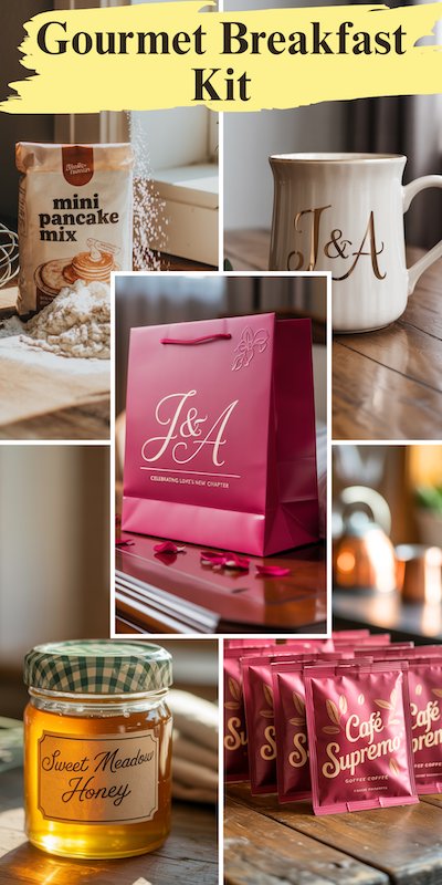Wedding Welcome Bags Gourmet Breakfast Kit Wedding welcome bag breakfast kit with pancake mix honey coffee packs and a monogram mug beside a pink J and A favor bag