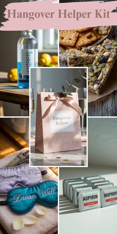 Wedding welcome bag with hydration drink, snacks, sleep masks, and pain relievers for post-celebration recovery Hangover helper wedding welcome bag with pink ribbon gift bag, water or electrolyte drink, granola bar, sleep masks, and small aspirin packs