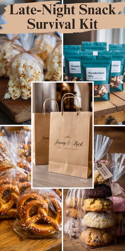 Wedding Welcome Bags Late Nicht Snack Survival Kit Late night wedding welcome bag with personalized kraft bags, popcorn, pretzels, cookies, and trail mix pouches for guests