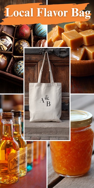 Wedding Welcome Bags Local Flavors Wedding welcome bag idea with a monogram tote displayed amid artisan chocolates, caramels, mini drink bottles, and a jar of local jam