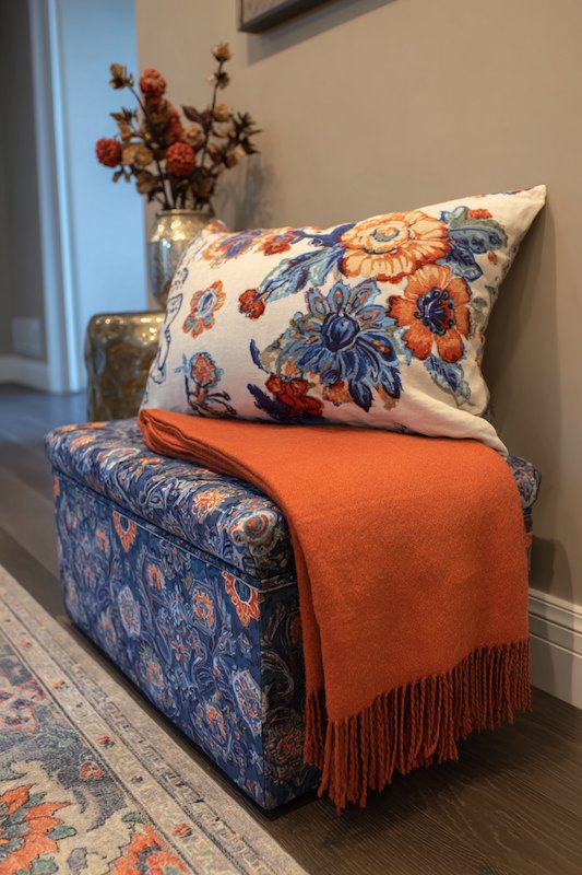 Blue patterned ottoman with a floral pillow and burnt orange throw, adding warmth and texture to a cozy living space.
